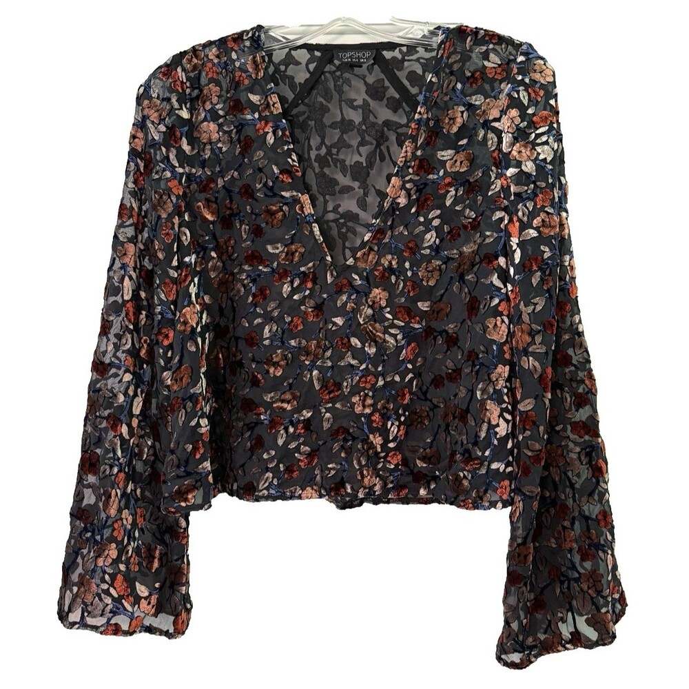 Topshop Black Floral Burnout Velvet Crop Top Bell Sleeve V-Neck Size 4 EUC Boho